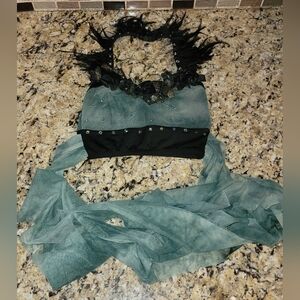 Reverence Girl's Feathered & Rhinestone Dance Crop Top with Sheer Wrap Halter